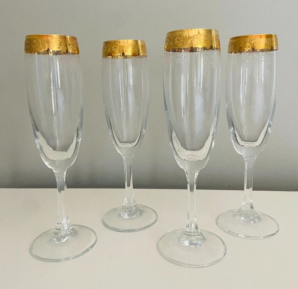 Set Of 4 Cellini Italian Crystal Champagne Flutes 24K Gold Trim Hand Decorated